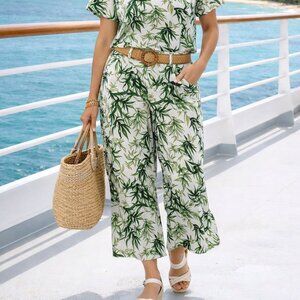 J.Jill Linen Blend Botanical Pants Green Leaf Wide Leg Crop